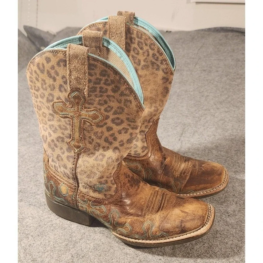 Ariat Boots Girls Size 2 Brown Leather‎ Western Leopard Cross Cowgirl Embroidery